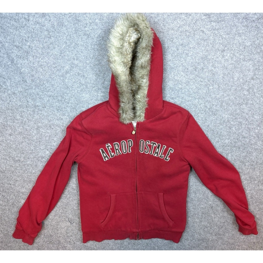Vintage Y2K Aeropostale Hoodie Womens XL Red Faux Fur Lined Zip Spellout Cozy